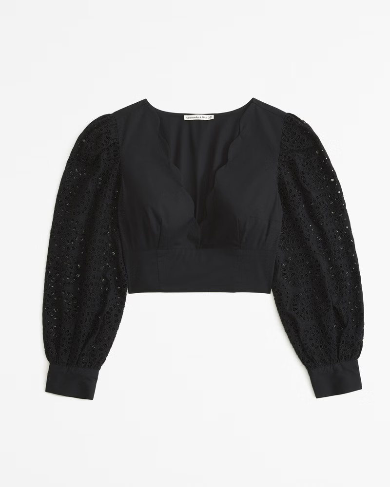 Women's Long-Sleeve Poplin Plunge Cutwork Top | Women's Tops | Abercrombie.com | Abercrombie & Fitch (US)