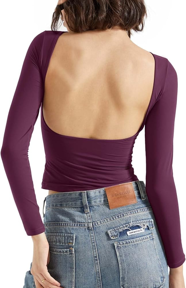 SUUKSESS Women Backless Going Out Tops Double Lined Open Back Basic Long Sleeve | Amazon (US)