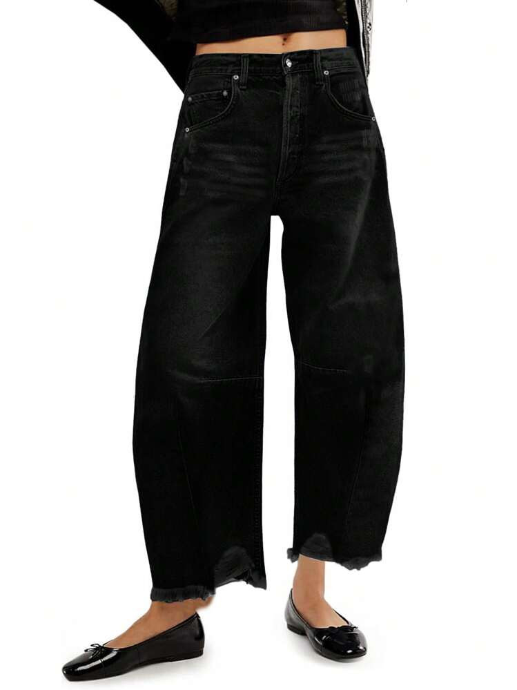 Washed Ripped Fur-Trimmed Loose Black Denim Pants Women Casual Spring And Summer Cowgirl Women's ... | SHEIN