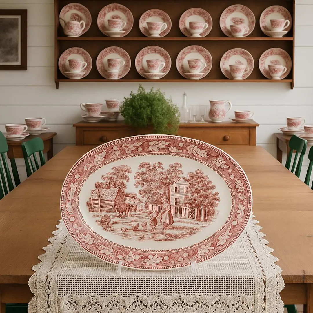 PLATTER, Vintage Red Transferware Oval Platter, Pastoral Farm Scene, Replacement China, Hostess o... | Etsy (US)