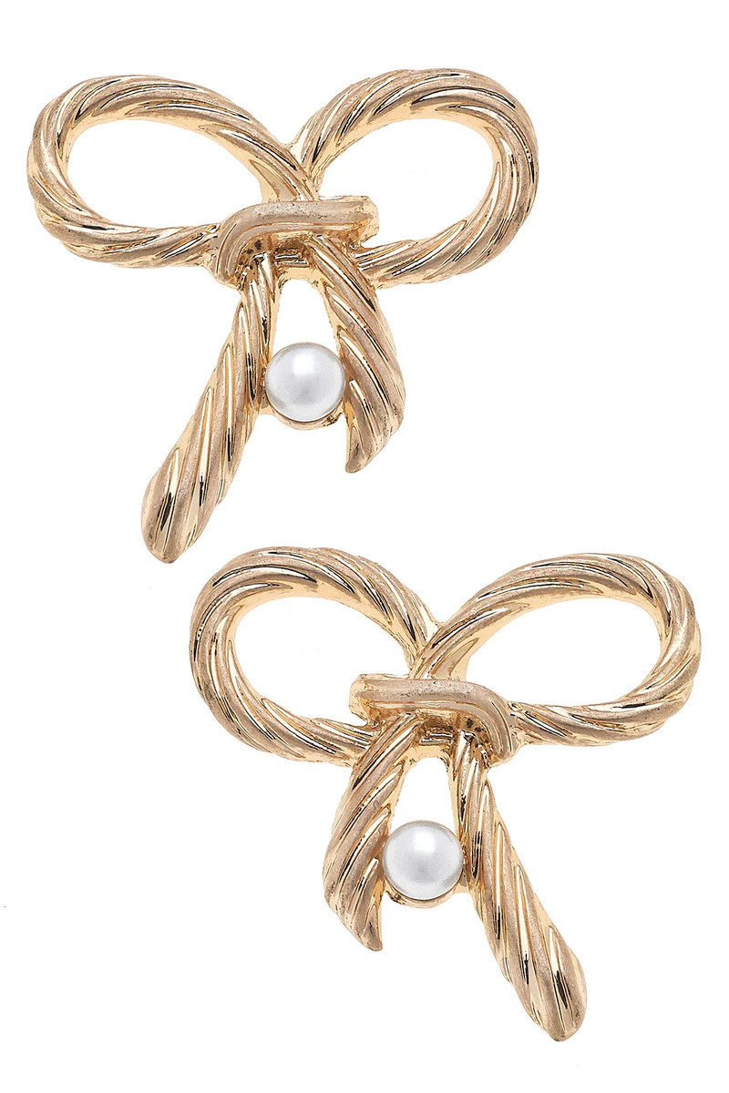 Amy Bow & Pearl Stud Earrings in Worn Gold | CANVAS