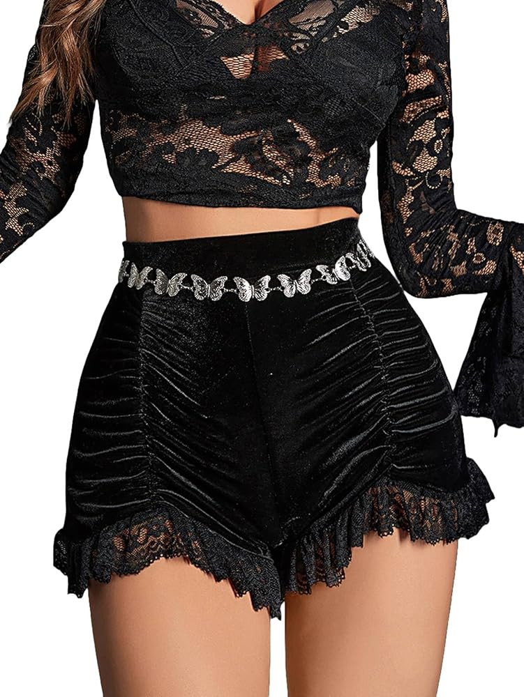 GothDark Shorts for Women Sexy Vintage High Waist Gothic Velvet Ruched Lace Patchwork Y2K Casual ... | Amazon (US)