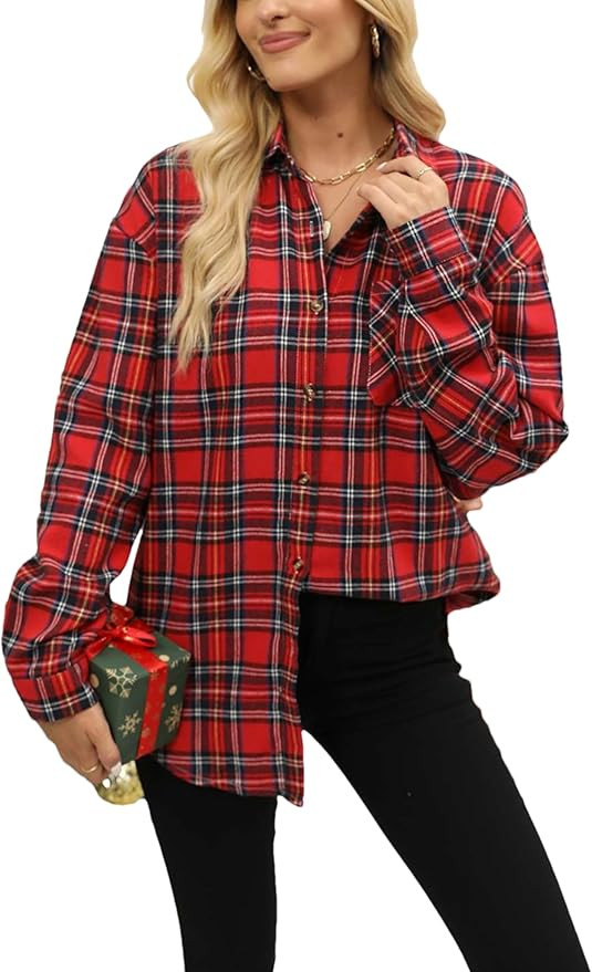 Oversized Womens Flannel Plaid Soft Flannel Button Down Shirt Roll Up Long Sleeve Flannel Plaid S... | Amazon (US)