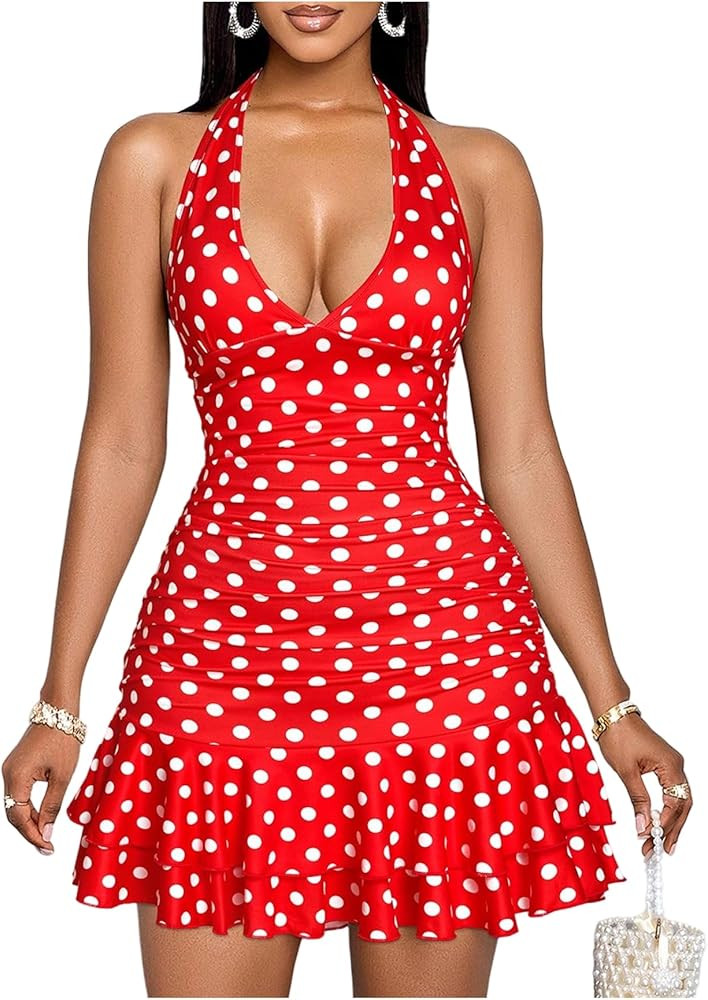 MakeMeChic Women's Polka Dots Halter Dress V Neck Tie Back Ruched Tiered Ruffle Short Dresses | Amazon (US)