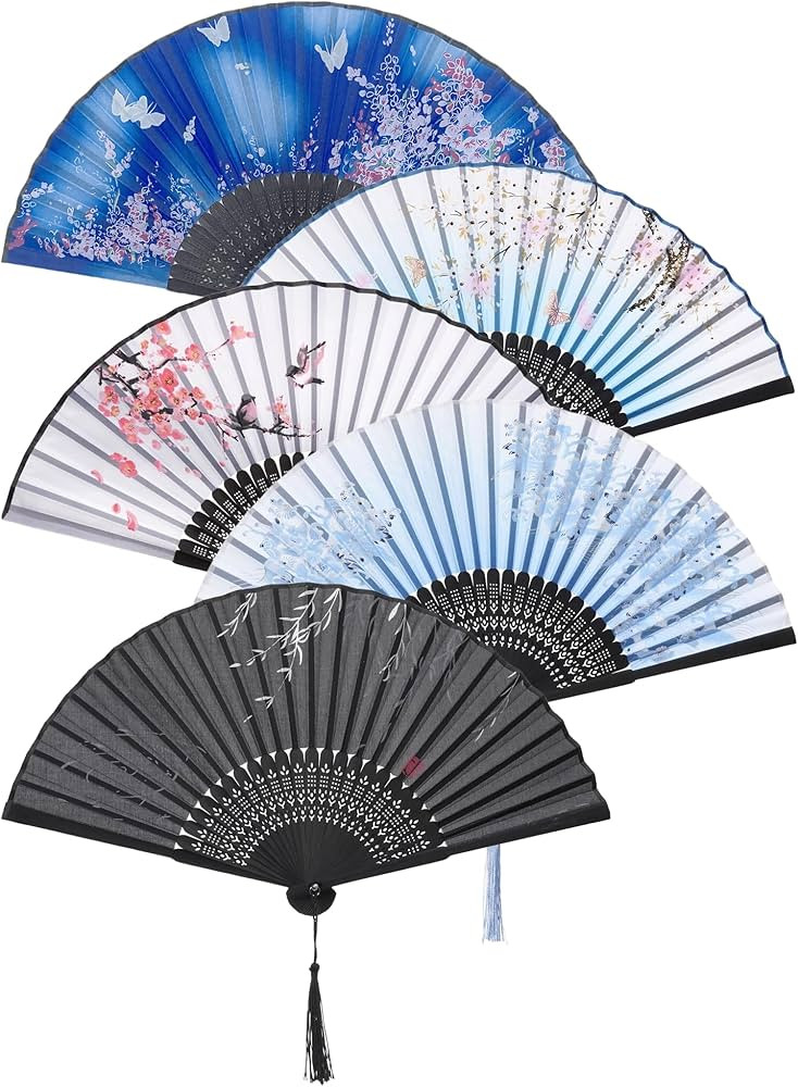 QIRMIZI 5 Pieces Handheld Fans - Elegant Silk Folding Fans with Bamboo Frames,Hollowed Fringe Fol... | Amazon (US)