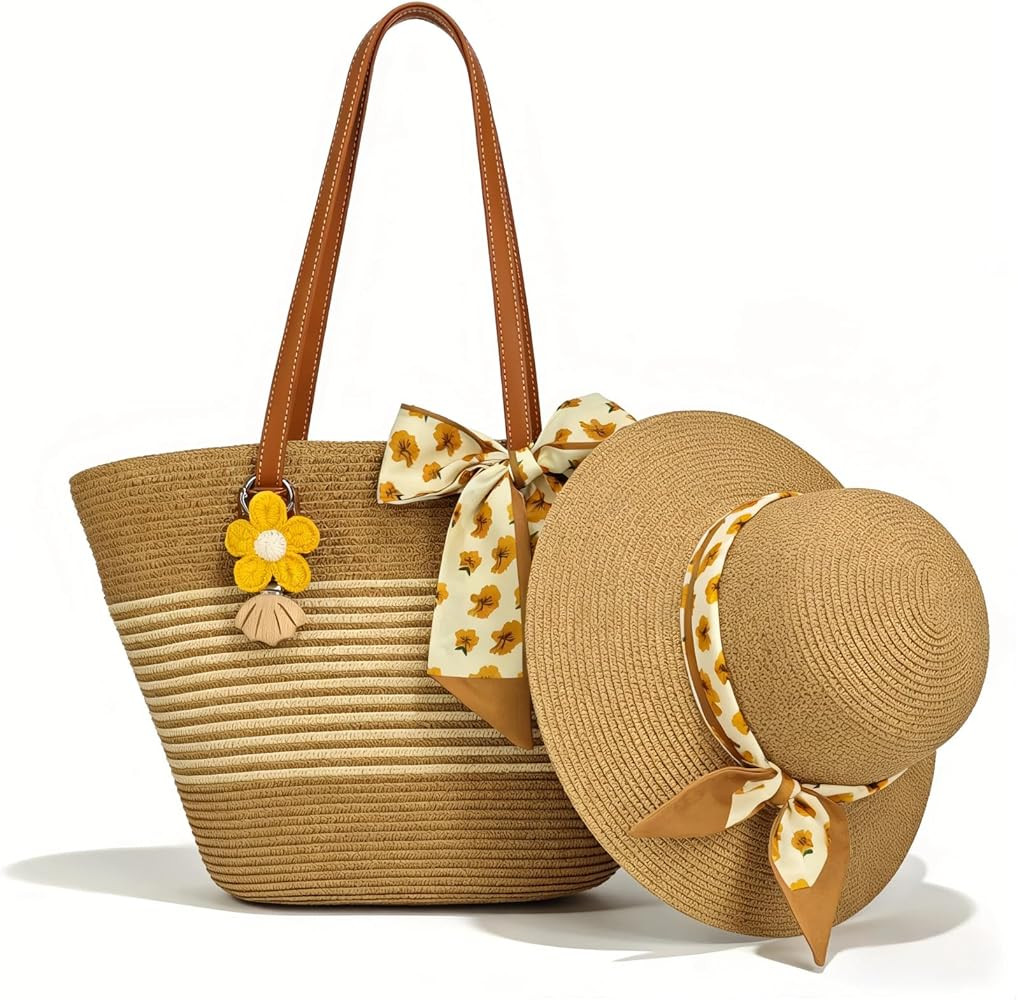 Summer Beach Straw Hat Bag Set UPF Wide Brimmed Sun Hat and Women's Beach Woven Bag with Hat Clip... | Amazon (US)