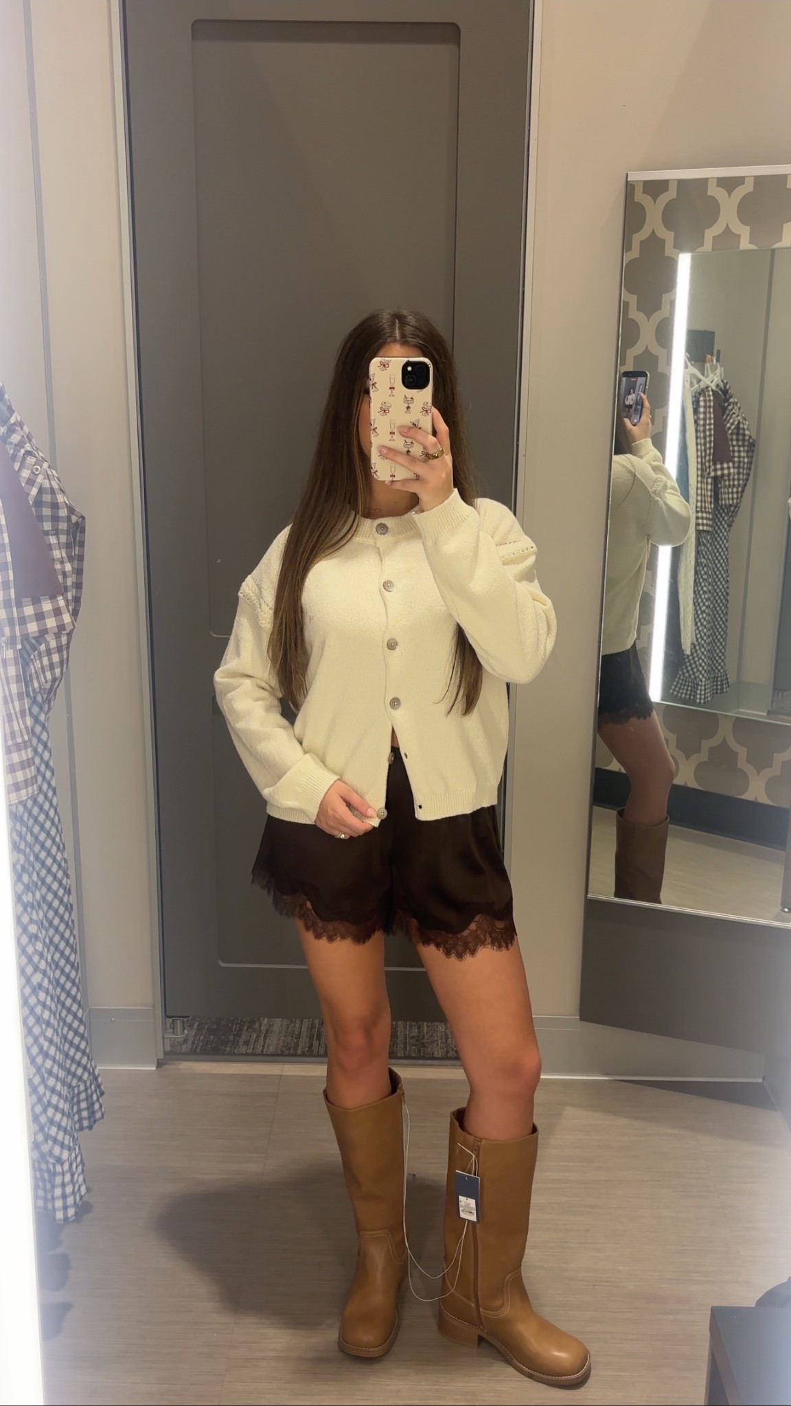 country concert outfit. trending outfit. satin lace shorts. cardigan. tall leather boots. target boots. target outfit.