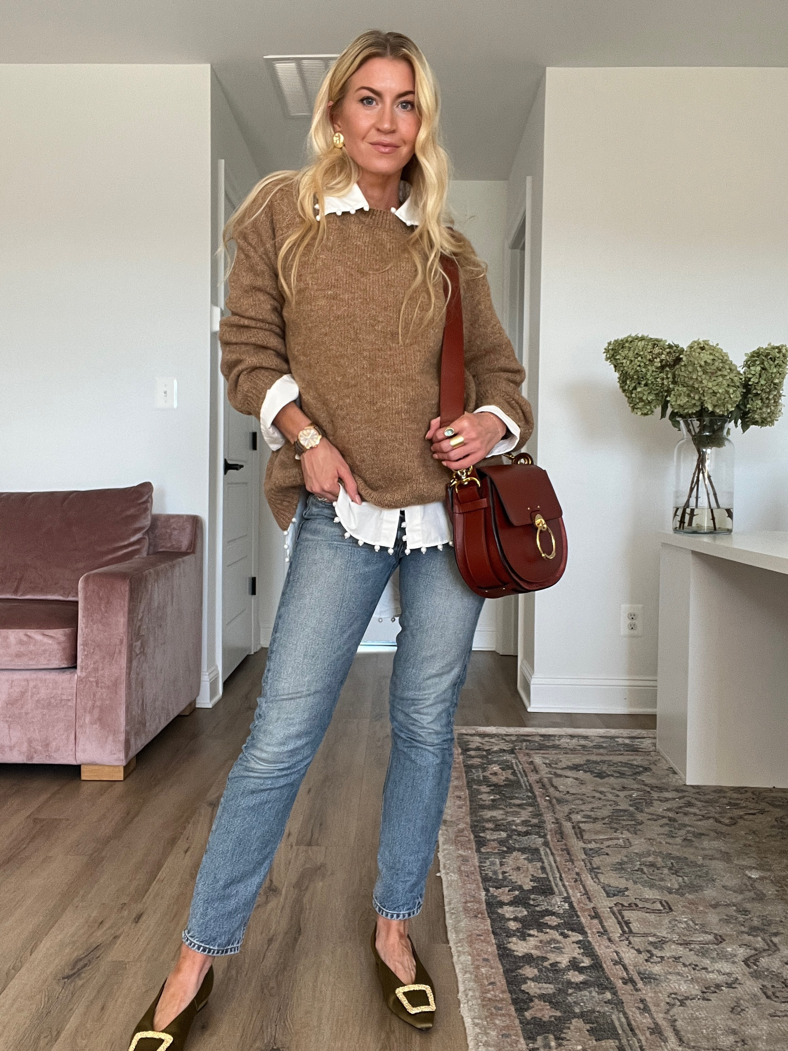 Styled a pearl embellished white button up with a camel sweater + straight leg denim + olive flats. 
Button up: wearing a small, oversized
Jeans: TTS 

#LTKstyletip #LTKSeasonal