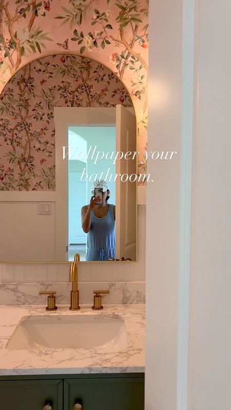 Girl bathroom, wallpaper, arch gold mirror, brass faucet, home build 

#LTKFindsUnder100 #LTKHome #LTKSaleAlert