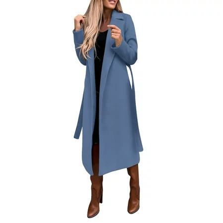 Luowei Christmas Solid Color Coat Blue Women s Christmas Fashion Coat Women s Faux Wool Coat Blouse Thin Coat Trench Long Jacket Ladies Slim Long Belt Elegant Overcoat Outwear M | Walmart (US)