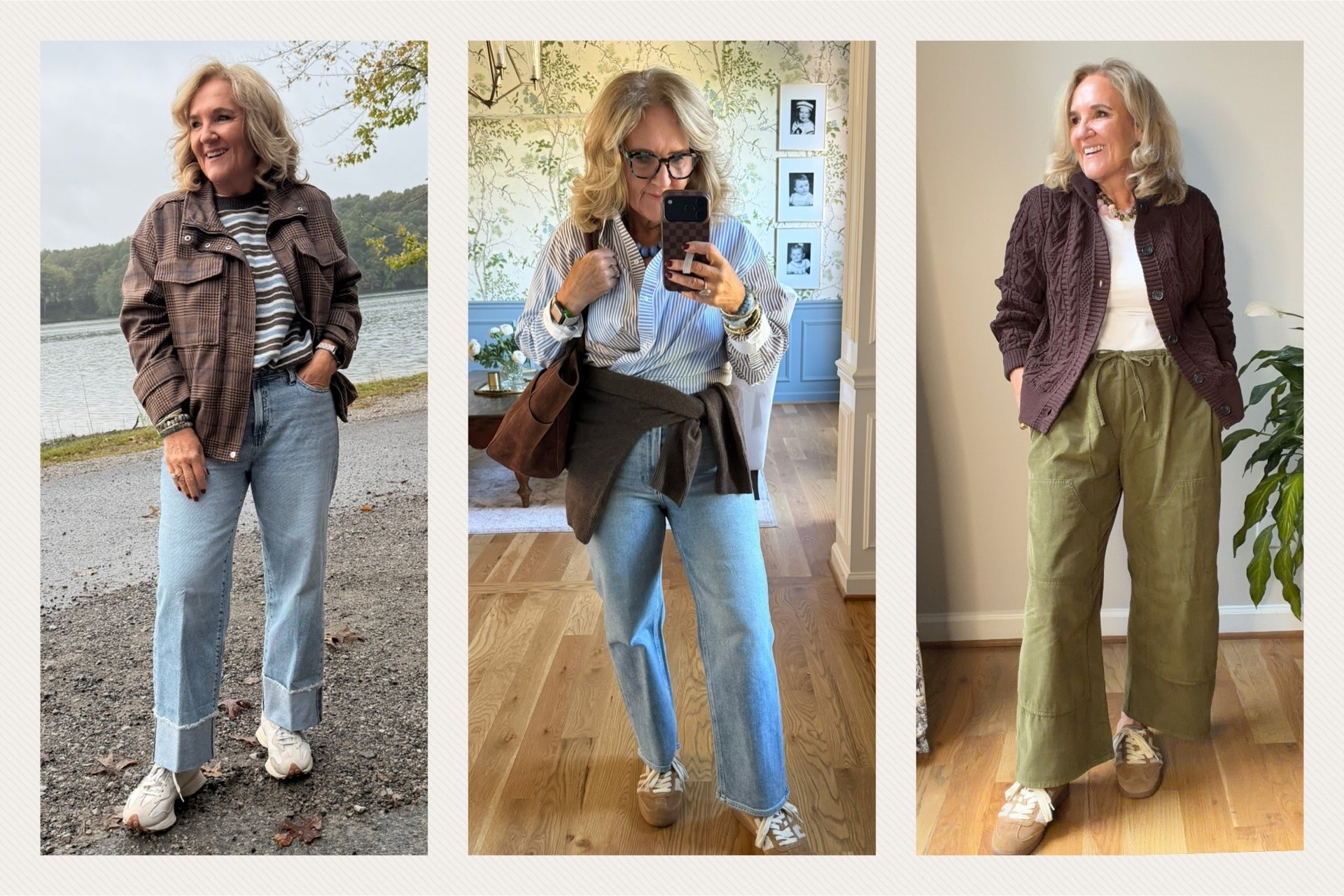 A few fall casual looks I wore this week. 
Left: jeans size 1.0, bomber small, striped sweater medium
Center: striped button down medium/8, cashmere sweater around my waist so chic! Medium, jeans 29 reg 
Right: cardigan medium, corduroy pants small reg, white tee large