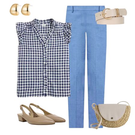 Business casual outfits to wear to work or everyday if you need an elevated wardrobe! ✔️ All outfits are from the Business Casual Summer 2024 capsule wardrobe collection, which includes convenient online shopping links, 100 outfit ideas, a travel packing guide, plus more. ☀️ 

Gingham flutter sleeve top
Blue ankle pants
Slingback pumps
Straw crossbody bag
Ivory belt