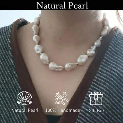 100% Handmade Large Natural Baroque Freshwater Pearl Necklace, 14-16mm Pearls, Gift Box Included. Unisex Jewelry, Perfect Gift For Him/Her For Daily W | SHEIN