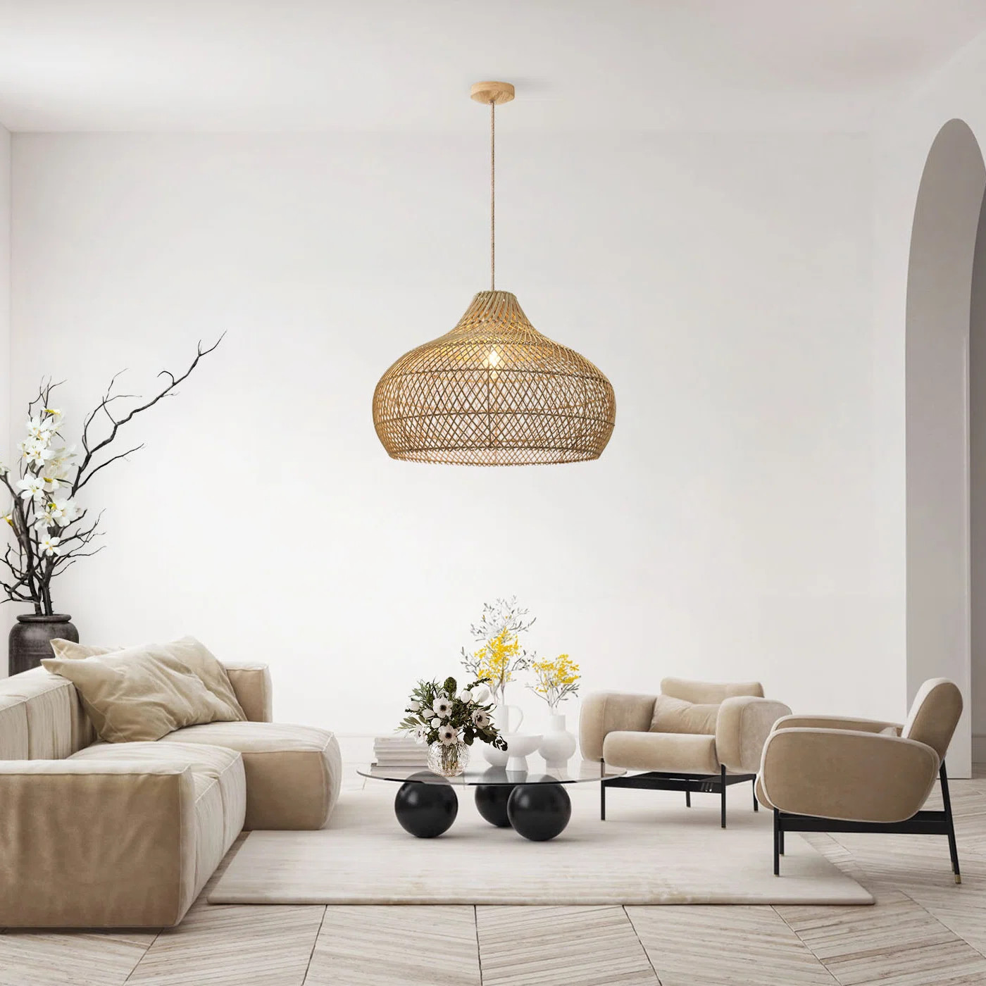 Anjanie 1 - Light Natural Lampshade Pendant – Handwoven Rattan Plug-In or Hardwired Light Fixture for Dining Room, Kitchen, or Bedroom in Japandi Boho | Wayfair North America