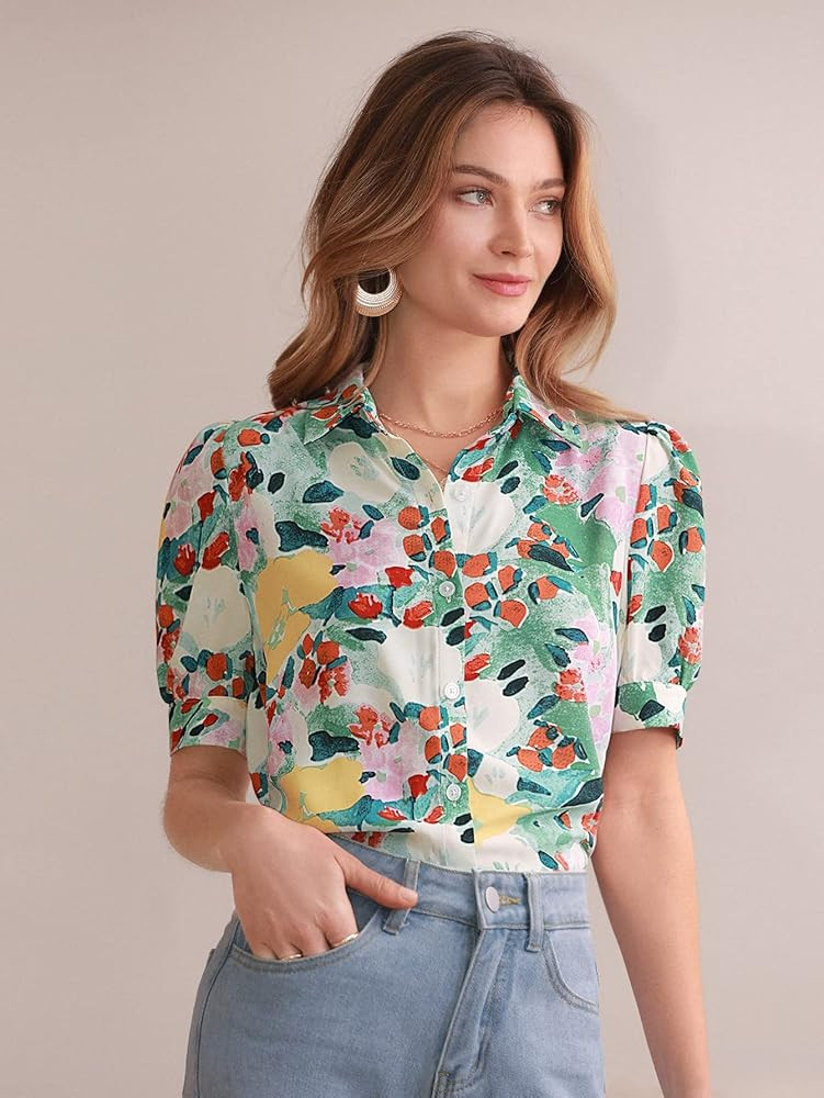 Women's Floral Print Puff Sleeve Shirt | Amazon (US)