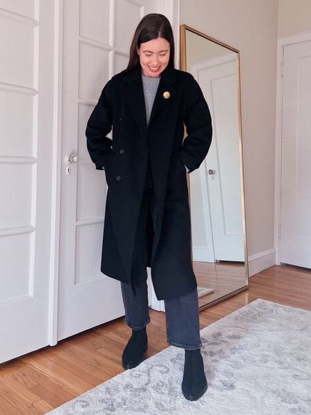 Mango drapey wool coat in black. Wearing a size XXS. 

Margaux boots. Black will coat. Grey and black  

#LTKstyletip #LTKSeasonal #LTKworkwear