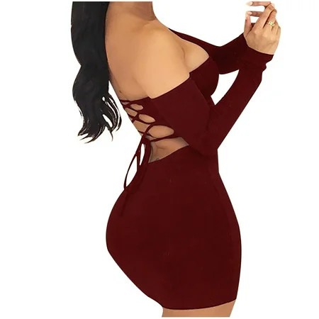 Valentine s Day Deals Women Pleated Cold Shoulder Long Sleeve Party Mini Dress Top Sexy Slimming Fit | Walmart (US)