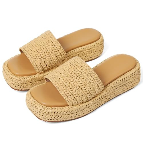 EQAUDES Womens Sandals 2025 Platform Wedge Sandals Espadrille Beach Vacation Cute Hand Woven Straw Raffia Sandals Comfortable | Amazon (US)
