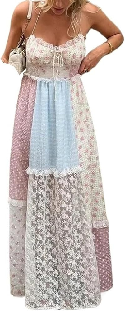 Women's Flowy Dresses Summer Elegant Print Lace Patchwork Long Dress Halter Backless Sleeveless D... | Amazon (US)