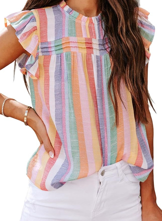 TimeMark Women's Summer Ruffle Trim Neckline Tank Tops Double Lined Sleeveless Chiifon Shirts Blo... | Amazon (US)