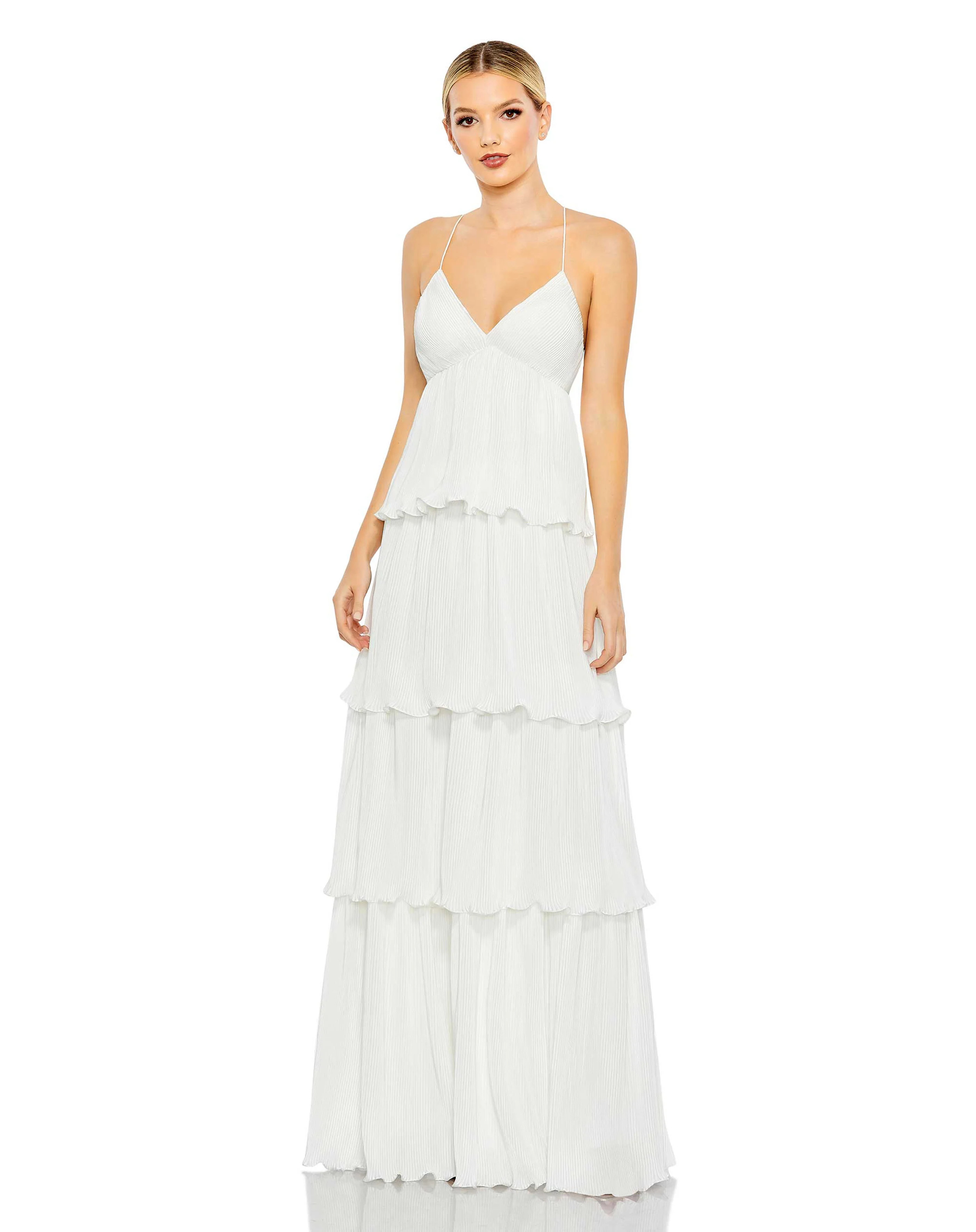White Spaghetti Strap Ruffle Layered Maxi Dress - FINAL SALE | Mac Duggal