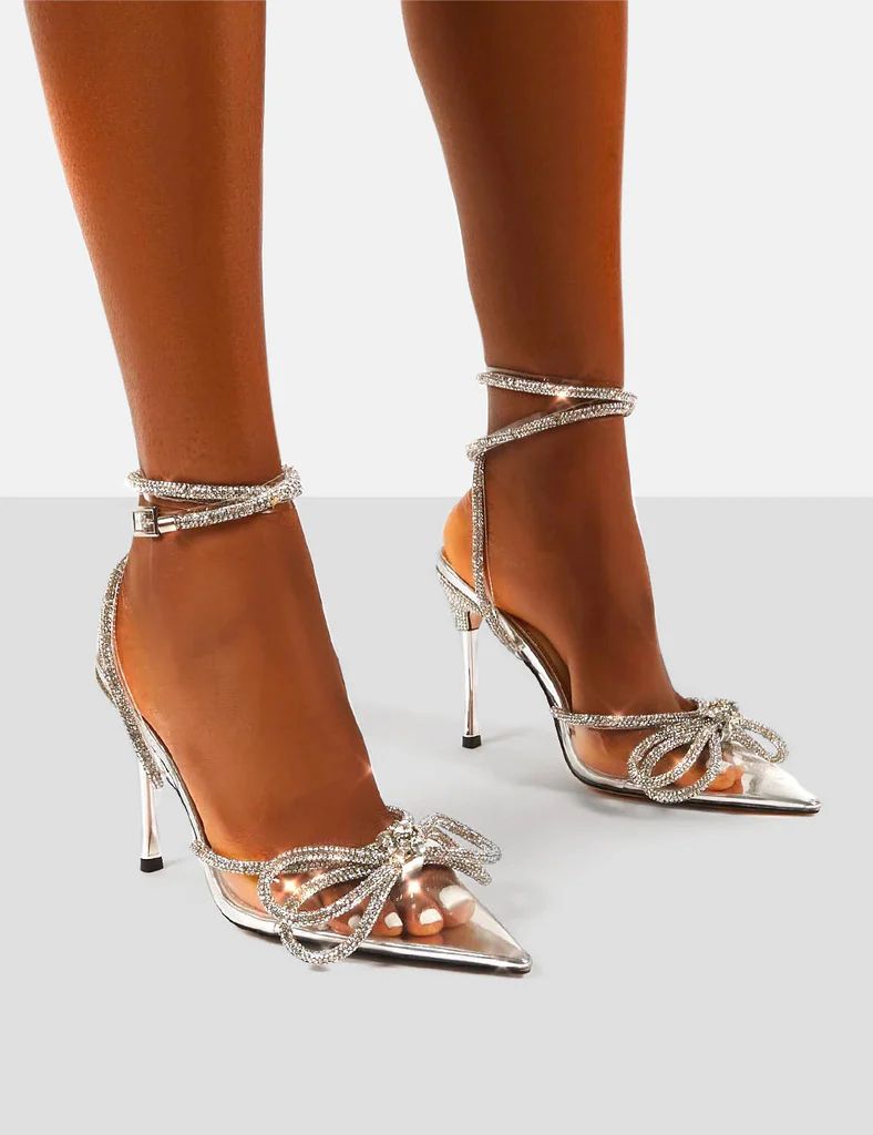 Midnight Clear Perspex Wrap Around Diamante Bow Pointed Toe High Heel | Public Desire (US & CA)