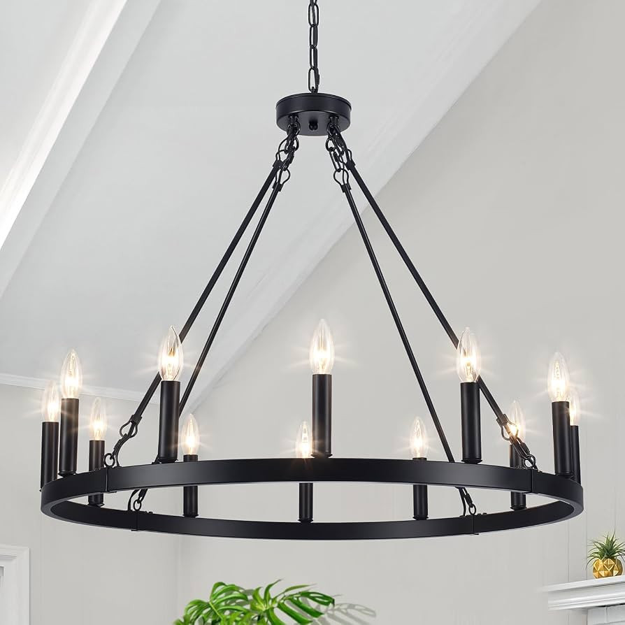 32'' Large Wagon Wheel Chandelier, 12-Light Farmhouse Black Chandelier for Dining Room Light Fixt... | Amazon (US)