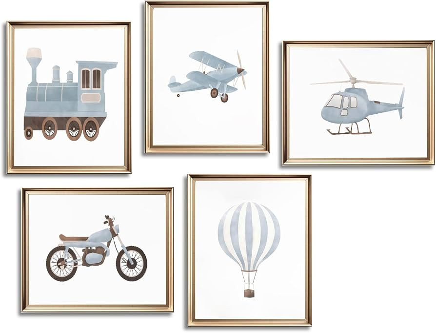 Blue Car Travel Canvas Wall Art Vintage Train Motorcycle Transportation Painting Pictures Wall De... | Amazon (US)