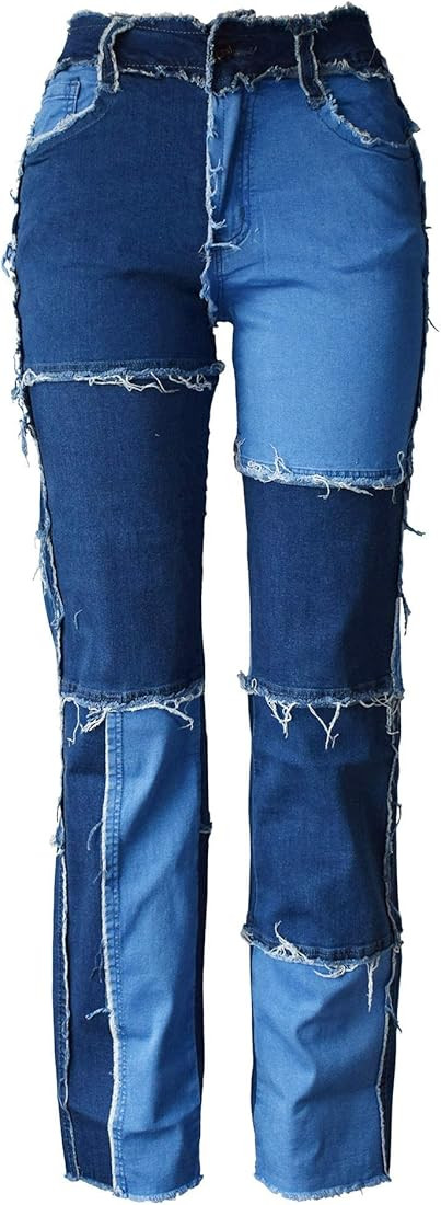 Aodrusa Women Frayed Patch Jeans High Waist Raw Hem Denim Y2k Pants Boyfriend | Amazon (US)