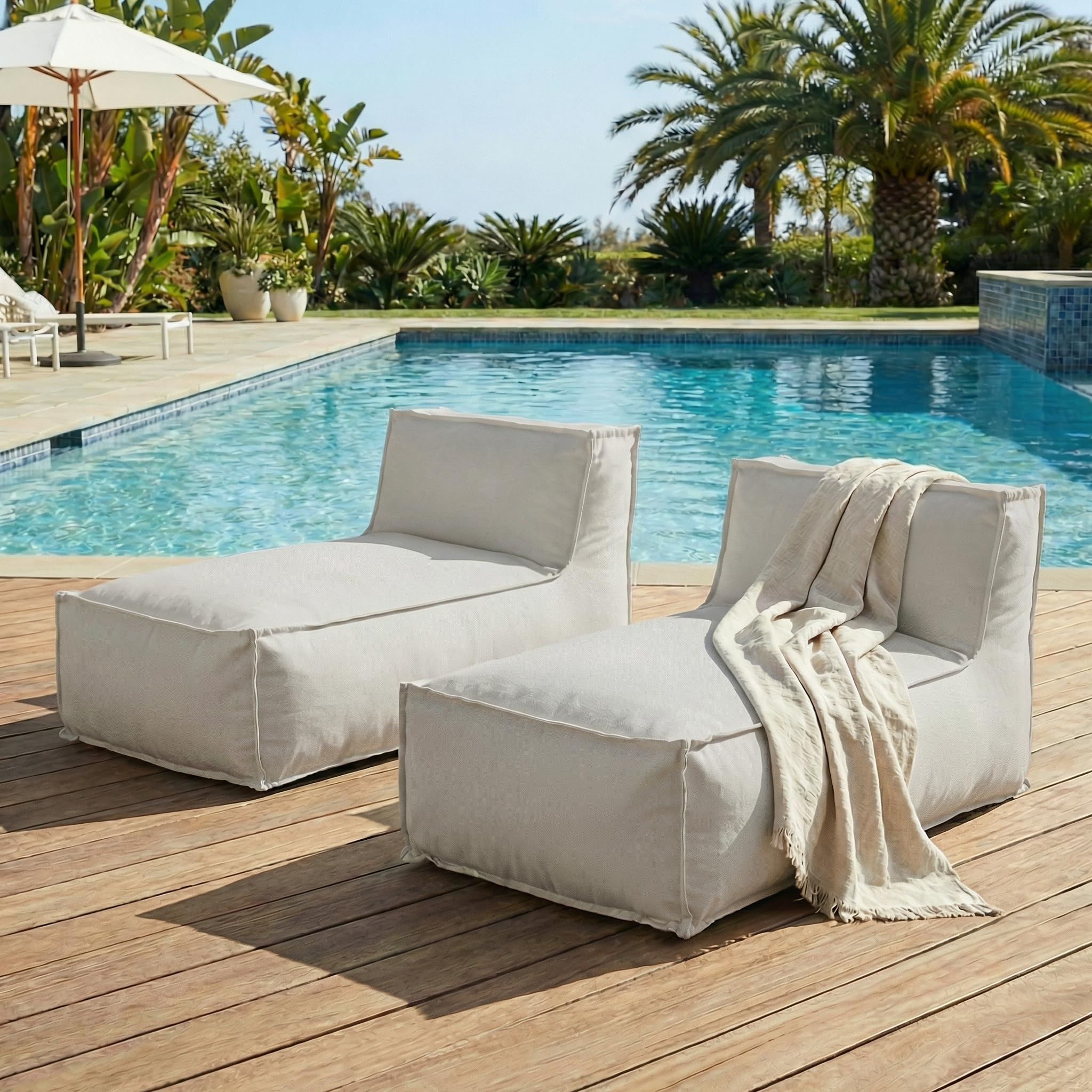 Merax Outdoor Bean Bag Lounge Chairs Set of 2, 61" Outdoor Chaise Lounger Chair with Foam Filled, Cozy Outdoor Bean Bag Couch for Patio Pool Desk, Water-Resistant Fabric Sun Lounger Chair, Light Grey | Amazon (US)