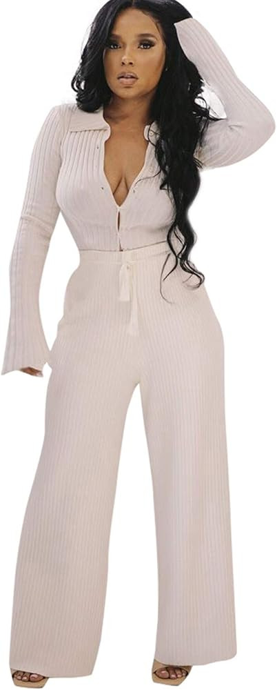 Lounge Sets For Women 2 Piece Casual Slim Fit Long Sleeve Button Down Shirts Drawstring Waist Wid... | Amazon (US)