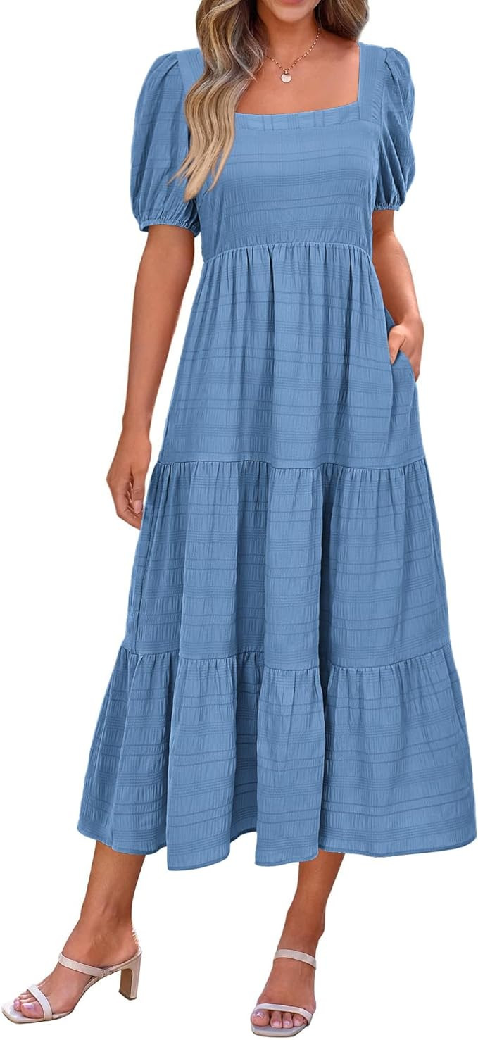 PRETTYGARDEN Summer Dresses for Women 2025 Casual Square Neck Puffy Sleeve Smocked Beach Vacation... | Amazon (US)