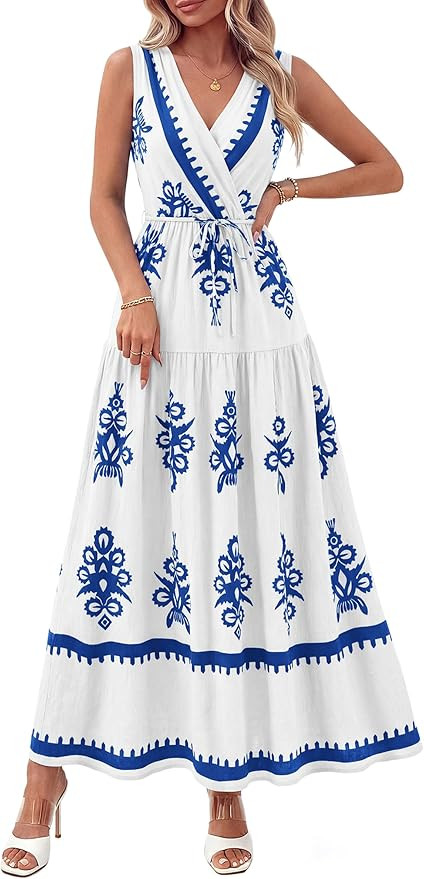 PRETTYGARDEN Womens Floral Maxi Dress 2026 Sleeveless Vneck Belt Ruffle Long Dresses Boho Summer ... | Amazon (US)