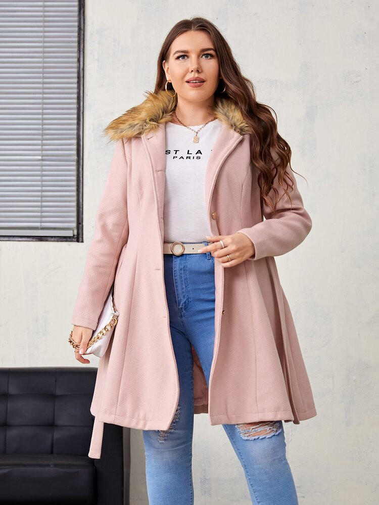 SHEIN Plus Borg Collar Belted Overcoat | SHEIN