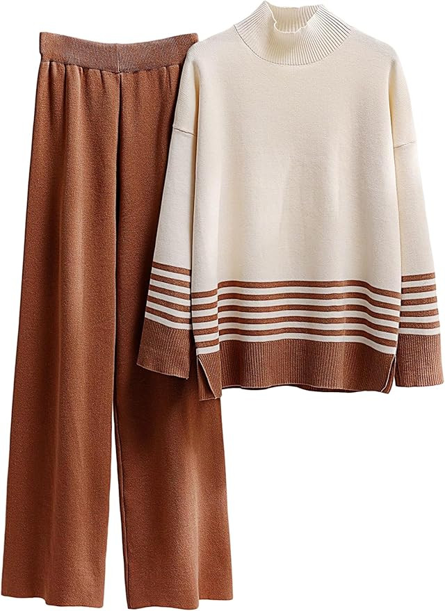 IMCTAH Women's 2 Piece Outfits Sweatsuit Knit Stripped Pullover Top Wide Leg Pants Tracksuit Loun... | Amazon (US)