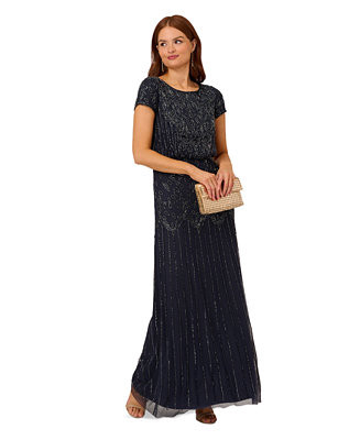 Women's Beaded Short-Sleeve Sheer-Overlay Gown | Macy's