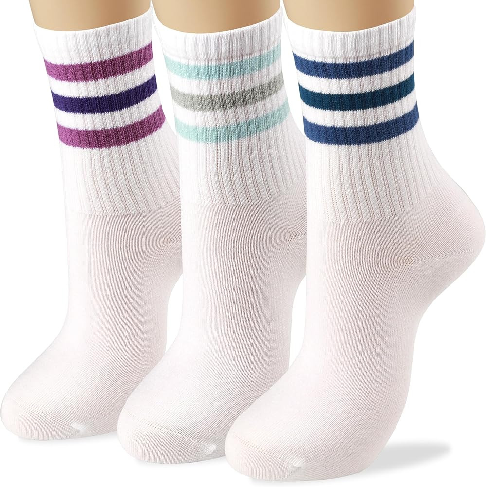 COTTON DAY Womens Soft Cotton White Athletic Crew Socks With Retro Stripes | Amazon (US)