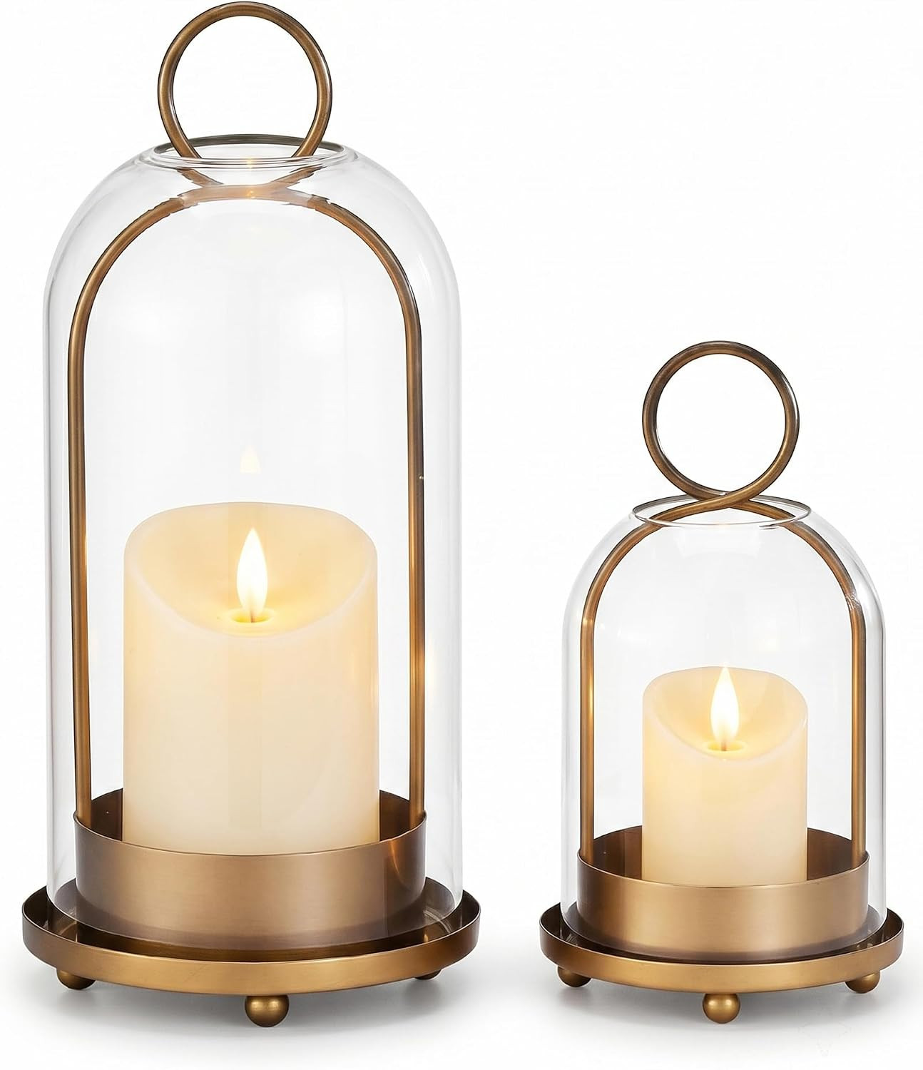 Brass Candle Holder Set of 2, Hurricane Glass Candle Holders with Flameless Candles, Glass Dome Candle Holder for Wedding, Holiday, Fireplace and Table Decor | Amazon (US)