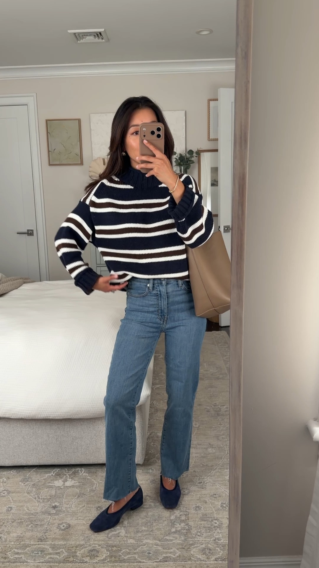 • On sale: Frame Jeans 24 petite “vega” wash these are slim fit on me (can also get regular and cut the length). If between sizes perhaps try a size up if you don’t want them tight 
• Sweater XXs runs big, I got the kids version too for my kid but the kids also runs big fyi! Petites could fit the kids version easily BUT the cuff and neck details are not the same and the kids is a straight cut torso fit while the adults has a more slouchy shape that I like. 
• Shoes 5.5 very comfy ￼
• quince bag sz small 

Fall casual outfit idea , easy mom outfit

#LTKPetite #LTKSeasonal #LTKSaleAlert