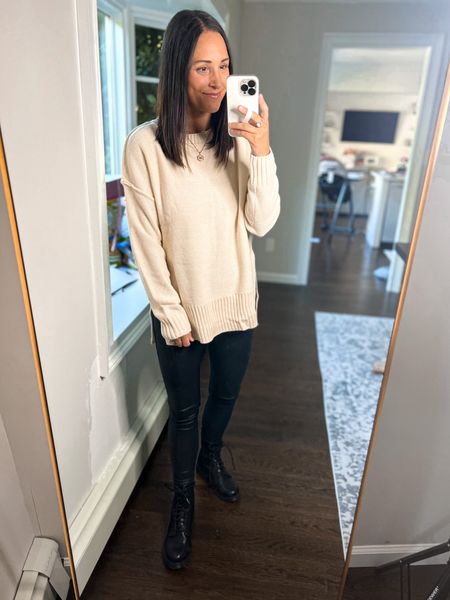 Amazon new finds try on haul! 

Fall outfit idea - sweater (small & long enough for leggings) I’m 5’3”
Faux leather leggings & black boots 

#LTKSeasonal #LTKsalealert #LTKunder50