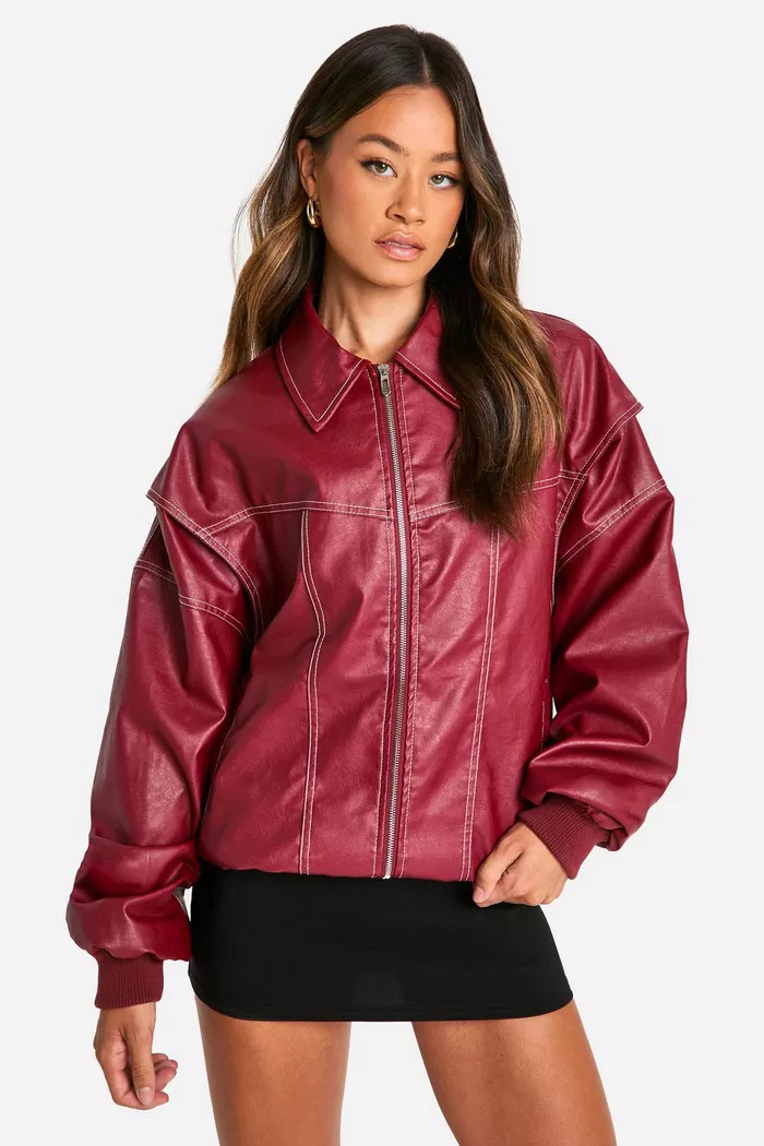 Tall Pu Contrast Stitch Oversized Bomber Jacket | boohoo (US & Canada)