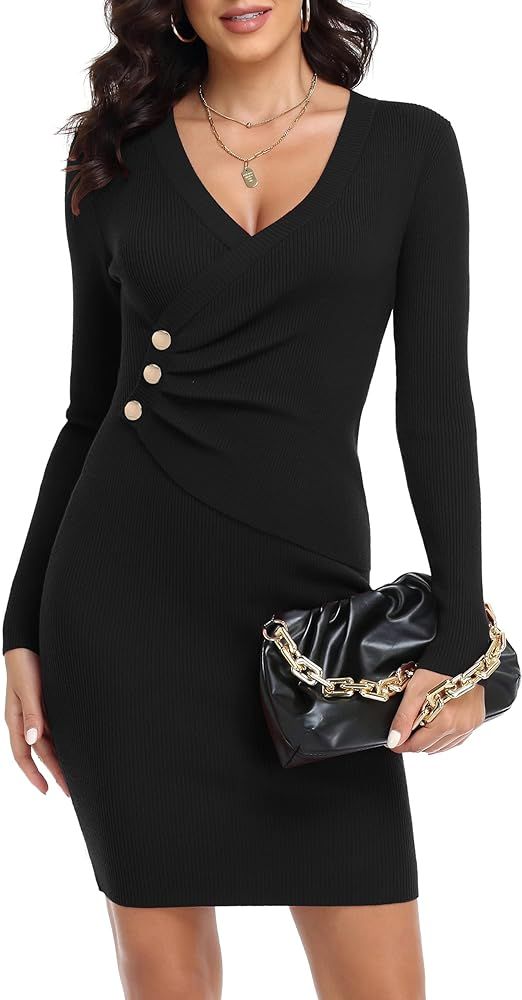 PrettyGuide Women's Long Sleeve Wrap Sweater Dress V Neck Ribbed Knit Bodycon Dress | Amazon (US)