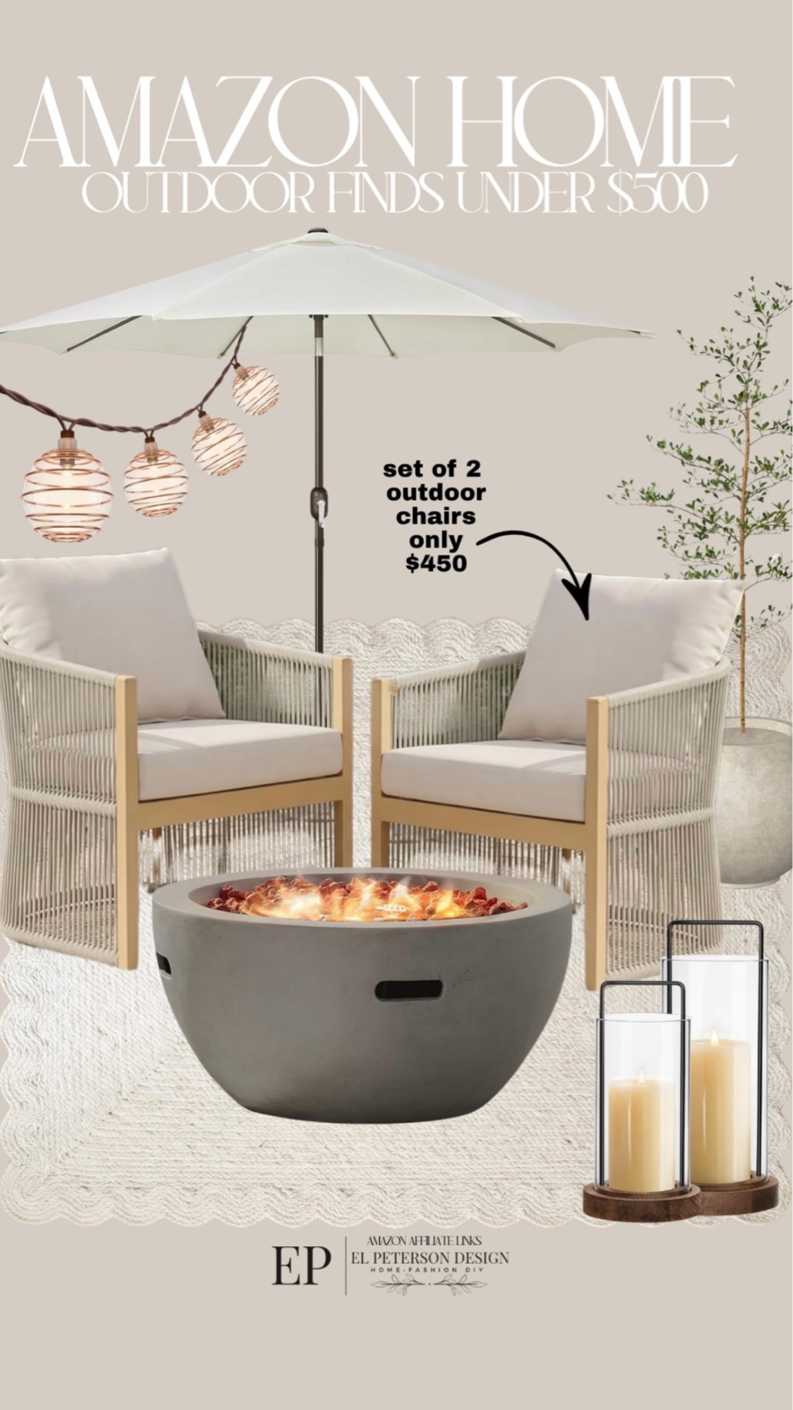 Amazon
Rug
String lights
Fire pit
Faux tree
Planter
Floor lantern 
Outdoor chairs
Umbrella

#LTKHome