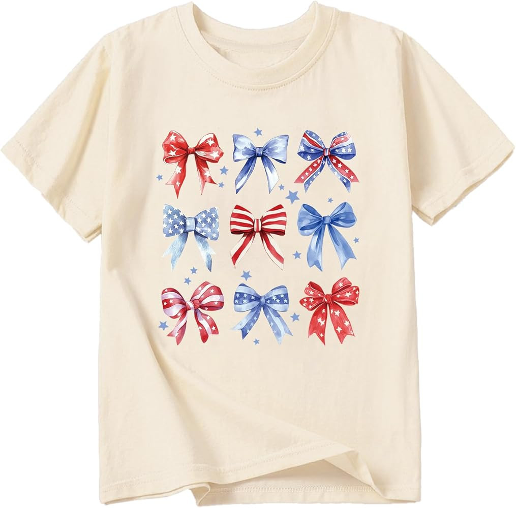 Girl American Flag Shirts Bow Tshirt 4th of July Shirt Cotton Short Sleeve Tees 2-12 Years | Amazon (US)