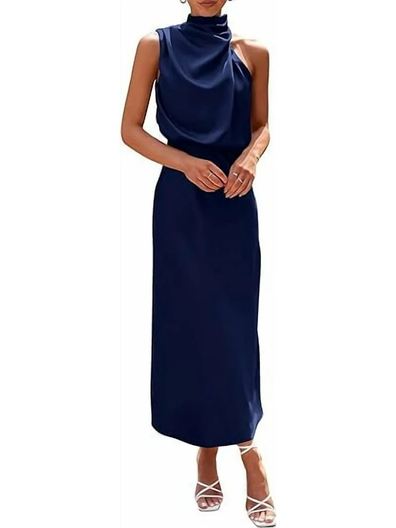 PRETTYGARDEN Women's Satin Dress Elegant Sleeveless Mock Neck Cocktail Party Maxi Dresses | Walmart (US)