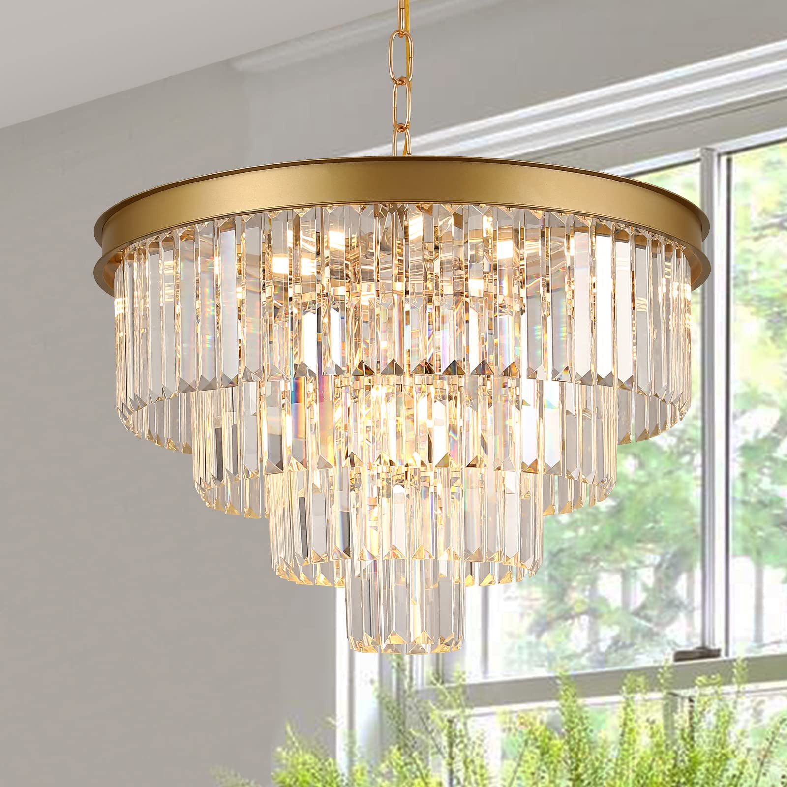 Modern Crystal Chandelier Gold 24” Round Chandelier for Dining Room 12 Light Ceiling Pendant Li... | Amazon (US)