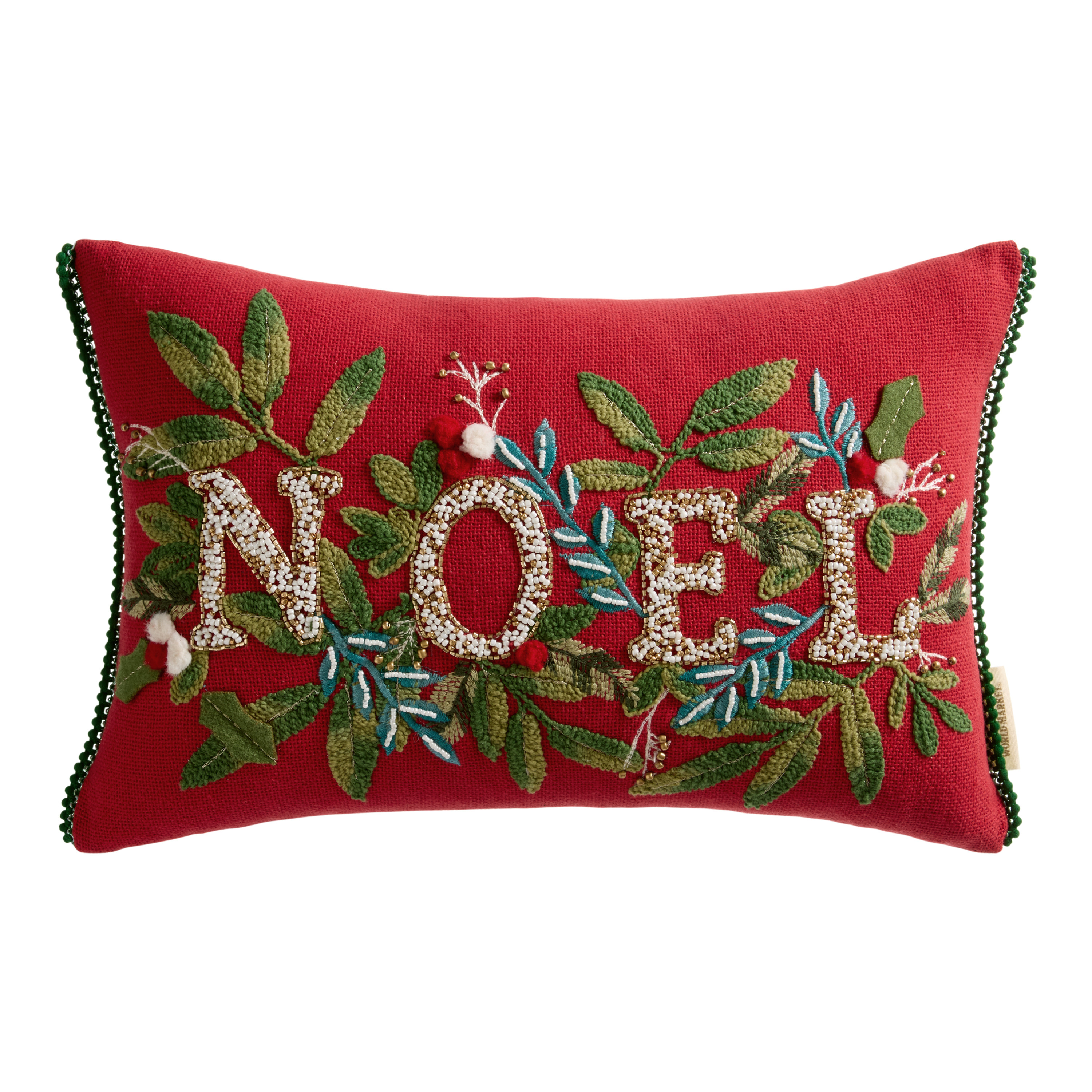 Red and Green Noel Embroidered Beaded Lumbar Pillow | World Market