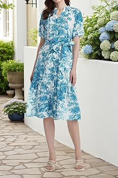 Women Summer Floral Midi Dress Puff Short Sleeve V Neck Button Belt Casual Flowy Maxi Beach Vacat... | Amazon (US)