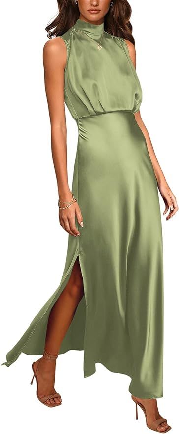 PRETTYGARDEN Women's Summer Long Formal Satin Dress Mock Neck Sleeveless Side Slit Flowy Maxi Tan... | Amazon (US)