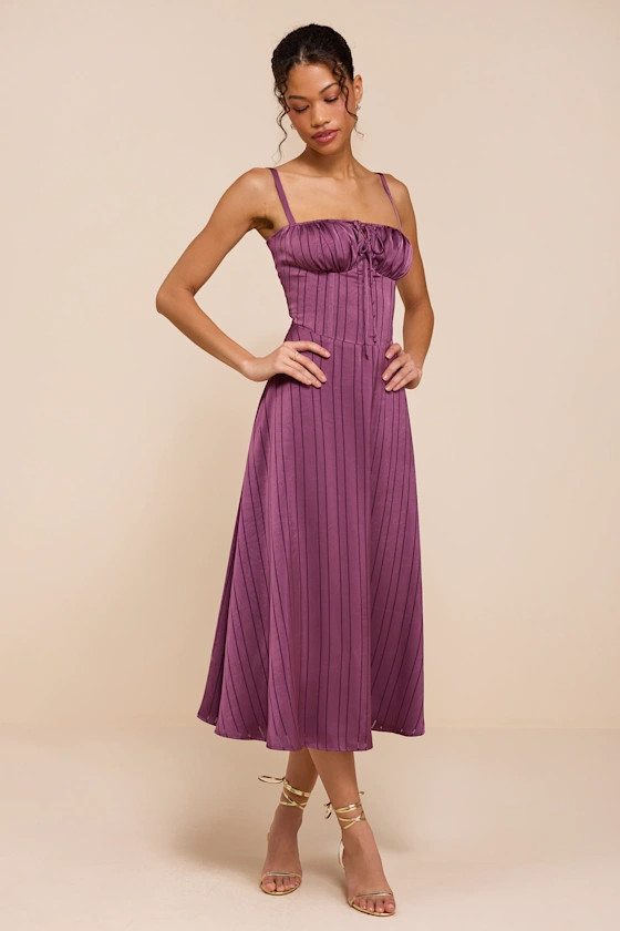 Adlynn Purple Striped Satin Bustier Midi Dress | Lulus